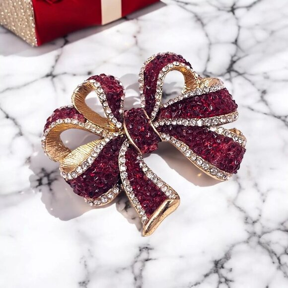 Dana Buchman Jewelry - Dana Buchman Ruby Red Pave Rhinestone Pin Gold Tone Bow Fashion Costume Jewelry